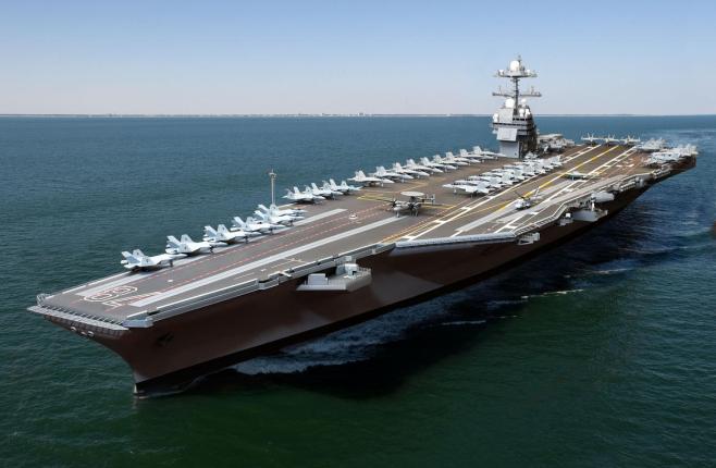 The aircraft carrier USS Gerald R. Ford CVN 78, is represented here in a combination model and live shot digital photo illustration. The ship is the first in a new class of nuclear-powered aircraft carriers, for the US Navy under construction at Newport News Shipbuilding.